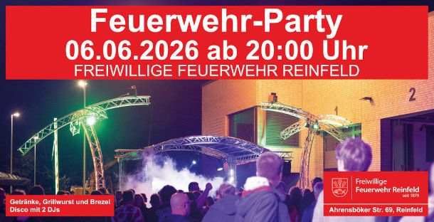 Banner mit dem Text: Grillfest, 06.06.2026 ab 15:30 Uhr, Freiwillige Feuerwehr Reinfeld