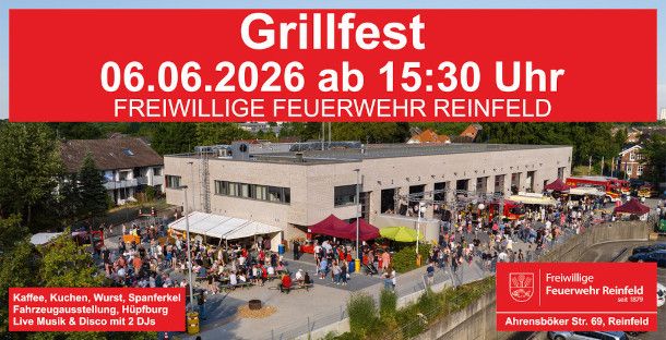 Banner mit dem Text: Grillfest, 06.06.2026 ab 15:30 Uhr, Freiwillige Feuerwehr Reinfeld